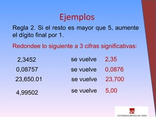 25
Ejemplos
Regla 2. Si el resto es mayor que 5, aumente
el dígito final por 1.
Redondee lo siguiente a 3 cifras significativas:
2,3452 se vuelve 2,35
0,08757 se vuelve 0,0876
23,650.01 se vuelve 23,700
4,99502 se vuelve 5,00
 