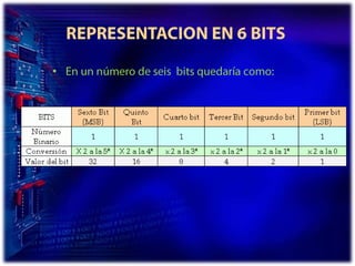 REPRESENTACION EN 6 BITS En un número de seis  bits quedaría como: