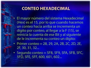  CONTEO HEXADECIMALEl mayor número del sistema Hexadecimal (Hex) es el 15, por lo que cuando hacemos un conteo hacia arriba se incrementa un dígito por conteo, al llegar a la F (15), se reinicia la cuenta de ese Bit y al siguiente de le incrementa su conteo un dígito:Primer conteo = 28, 29, 2A, 2B, 2C, 2D, 2E, 2F, 30, 31, 32...Segundo conteo = 5F8, 5F9, 5FA, 5FB, 5FC, 5FD, 5FE, 5FF, 600, 601, 602...