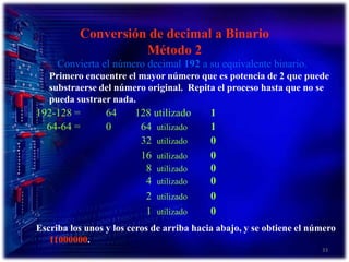33Conversión de decimal a BinarioMétodo 2Convierta el número decimal 192 a su equivalente binario.Primero encuentre el mayor número que es potencia de 2 que puede substraerse del número original.  Repita el proceso hasta que no se pueda sustraer nada.192-128 = 	64       128 utilizado 	1    64-64 = 	0 	64  utilizado 1      			32  utilizado 0 				16  utilizado 0 				  8  utilizado 0 				  4  utilizado 0 				  2  utilizado 0 				  1  utilizado 0Escriba los unos y los ceros de arriba hacia abajo, y se obtiene el número  11000000.