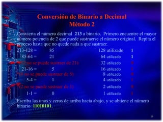 34Conversión de Binario a Decimal Método 2Convierta el número decimal  213 a binario.  Primero encuentre el mayor número potencia de 2 que puede sustraerse el número original.  Repita el proceso hasta que no quede nada a que sustraer.213-128 = 	85 			128 utilizado	1    85-64 = 	21 	  		  64 utilizado1*(32 no se puede sustraer de 21)32 utilizado0    21-16 = 	  516 utilizado1*(8 no se puede sustraer de 5)8 utilizado0        5-4 = 	  1 	4 utilizado1*(2 no se puede sustraer de 1)2 utilizado0        1-1 = 	  0 	1 utilizado1Escriba los unos y ceros de arriba hacia abajo, y se obtiene el número binario  11010101.