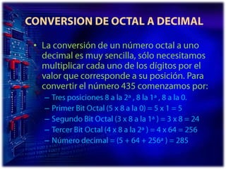  CONVERSION DE OCTAL A DECIMALLa conversión de un número octal a uno decimal es muy sencilla, sólo necesitamos multiplicar cada uno de los dígitos por el valor que corresponde a su posición. Para convertir el número 435 comenzamos por:Tres posiciones 8 a la 2ª , 8 la 1ª , 8 a la 0. Primer Bit Octal (5 x 8 a la 0) = 5 x 1 = 5 Segundo Bit Octal (3 x 8 a la 1ª ) = 3 x 8 = 24 Tercer Bit Octal (4 x 8 a la 2ª ) = 4 x 64 = 256 Número decimal = (5 + 64 + 256ª ) = 285 