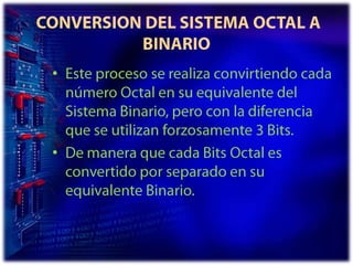  CONVERSION DEL SISTEMA OCTAL A BINARIOEste proceso se realiza convirtiendo cada número Octal en su equivalente del Sistema Binario, pero con la diferencia que se utilizan forzosamente 3 Bits. De manera que cada Bits Octal es convertido por separado en su equivalente Binario. 
