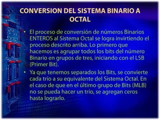 CONVERSION DEL SISTEMA BINARIO A OCTALEl proceso de conversión de números Binarios ENTEROS al Sistema Octal se logra invirtiendo el proceso descrito arriba. Lo primero que hacemos es agrupar todos los bits del número Binario en grupos de tres, iniciando con el LSB (Primer Bit). Ya que tenemos separados los Bits, se convierte cada trío a su equivalente del Sistema Octal. En el caso de que en el último grupo de Bits (MLB) no se pueda hacer un trío, se agregan ceros hasta lograrlo.