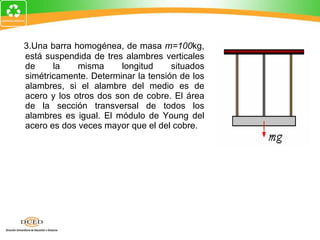 3.Una barra homogénea, de masa  m=100 kg, está suspendida de tres alambres verticales de la misma longitud situados simétricamente. Determinar la tensión de los alambres, si el alambre del medio es de acero y los otros dos son de cobre. El área de la sección transversal de todos los alambres es igual. El módulo de Young del acero es dos veces mayor que el del cobre. 