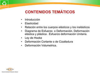 CONTENIDOS TEMÁTICOS Introducción Elasticidad Relación entre los cuerpos elásticos y los inelásticos Diagrama de Esfuerzo  o Deformación. Deformación elástica y plástica . Esfuerzo deformación Unitaria. Ley de Hooke Deformación Cortante o de Cizalladura Deformación Volumetrica. 