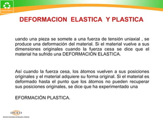 DEFORMACION  ELASTICA  Y PLASTICA Cuando una pieza se somete a una fuerza de tensión uniaxial , se produce una deformación del material. Si el material vuelve a sus dimensiones originales cuando la fuerza cesa se dice que el material ha sufrido una DEFORMACIÓN ELASTICA. Así cuando la fuerza cesa, los átomos vuelven a sus posiciones originales y el material adquiere su forma original. Si el material es deformado hasta el punto que los átomos no pueden recuperar sus posiciones originales, se dice que ha experimentado una DEFORMACIÓN PLASTICA. 