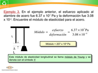 Ejemplo 3. En el ejemplo anterior, el esfuerzo aplicado al
alambre de acero fue 6.37 x 107 Pa y la deformación fue 3.08
x 10-4. Encuentre el módulo de elasticidad para el acero.


                                   esfuerzo    6.37 × 107 Pa
                        Módulo =             =
     L
                                 deformación    3.08 × 10 − 4

                                  Módulo = 207 xx1099Pa
                                  Módulo = 207 10 Pa
         ∆
         L
   Este módulo de elasticidad longitudinal se llama módulo de Young yy se
    Este módulo de elasticidad longitudinal se llama módulo de Young se
   denota con el símbolo Y.
    denota con el símbolo Y.
 