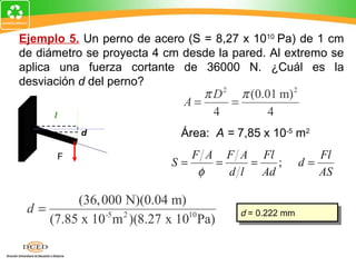 Ejemplo 5. Un perno de acero (S = 8,27 x 1010 Pa) de 1 cm
de diámetro se proyecta 4 cm desde la pared. Al extremo se
aplica una fuerza cortante de 36000 N. ¿Cuál es la
desviación d del perno?
                                  π D 2 π (0.01 m) 2
                               A=      =
      l                             4         4
              d                Área: A = 7,85 x 10-5 m2
          F                     F A F A Fl                   Fl
                             S=    =     =    ;           d=
                                 φ   d l   Ad                AS

         (36, 000 N)(0.04 m)
 d=                                       d = 0.222 mm
                                           d = 0.222 mm
    (7.85 x 10-5 m 2 )(8.27 x 1010 Pa)
 