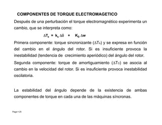COMPONENTES DE TORQUE ELECTROMAGETICO
Después de una perturbación el torque electromagnético experimenta un
cambio, que se interpreta como:
∆
∆
∆
∆Te = ks ∆δ
∆δ
∆δ
∆δ + KD ∆
∆
∆
∆w
Primera componente: torque sincronizante (∆Ts) y se expresa en función
del cambio en el ángulo del rotor. Si es insuficiente provoca la
inestabilidad (tendencia de crecimiento aperiódico) del ángulo del rotor.
Segunda componente: torque de amortiguamiento (∆TD) se asocia al
Page  25
Segunda componente: torque de amortiguamiento (∆TD) se asocia al
cambio en la velocidad del rotor. Si es insuficiente provoca inestabilidad
oscilatoria.
La estabilidad del ángulo depende de la existencia de ambas
componentes de torque en cada una de las máquinas síncronas.
Roberto Ramírez A. 2013
 