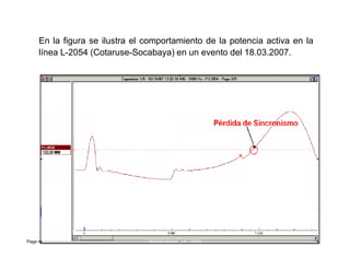 En la figura se ilustra el comportamiento de la potencia activa en la
línea L-2054 (Cotaruse-Socabaya) en un evento del 18.03.2007.
Page  32 Roberto Ramírez A. 2013
 
