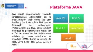 Plataforma JAVA
Java siguió evolucionado trayendo
características adicionales en la
programación web como los JSP,
Servlet y los EJBs sobre RMI para el
desarrollo de aplicaciones
empresariales en Java. Java también
introdujo la programación móvil con
el fin de entrar en las aplicaciones
móviles y, como resultado, se
introdujo J2ME. Como resultado de
esto, Java llegó con J2SE, J2ME y
J2EE.
 
