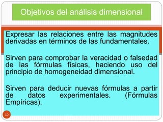 Expresar las relaciones entre las magnitudes
derivadas en términos de las fundamentales.
Sirven para comprobar la veracidad o falsedad
de las fórmulas físicas, haciendo uso del
principio de homogeneidad dimensional.
Sirven para deducir nuevas fórmulas a partir
de datos experimentales. (Fórmulas
Empíricas).
Objetivos del análisis dimensional
10
 
