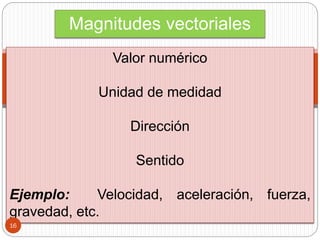 Magnitudes vectoriales
Valor numérico
Unidad de medidad
Dirección
Sentido
Ejemplo: Velocidad, aceleración, fuerza,
gravedad, etc.
16
 