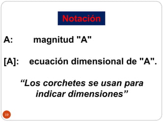 Notación
A: magnitud "A"
[A]: ecuación dimensional de "A".
“Los corchetes se usan para
indicar dimensiones”
19
 