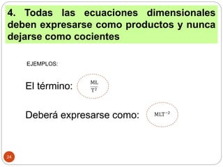 4. Todas las ecuaciones dimensionales
deben expresarse como productos y nunca
dejarse como cocientes
EJEMPLOS:
El término:
Deberá expresarse como:
24
 