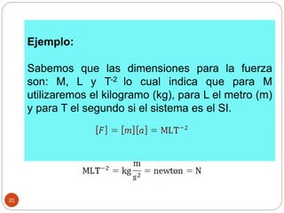 31
Ejemplo:
Sabemos que las dimensiones para la fuerza
son: M, L y T-2 lo cual indica que para M
utilizaremos el kilogramo (kg), para L el metro (m)
y para T el segundo si el sistema es el SI.
 