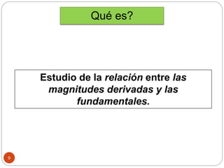 Qué es?
Estudio de la relación entre las
magnitudes derivadas y las
fundamentales.
9
 
