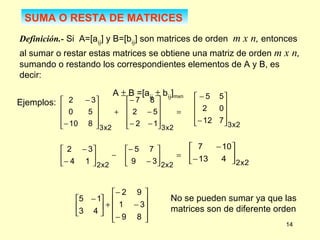 SUMA O RESTA DE MATRICES Definición.-  Si  A=[a ij ] y B=[b ij ] son matrices de orden  m x n,  entonces al sumar o restar estas matrices se obtiene una matriz de orden  m x n,  sumando o restando los correspondientes elementos de A y B, es decir: A    B =[a ij     b ij ] mxn   Ejemplos: No se pueden sumar ya que las matrices son de diferente orden 
