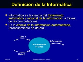 Definición de la Informática Informática es la ciencia del  tratamiento automático   y racional   de la información.  a través de las computadoras. Es la  ciencia de la información automatizada , (procesamiento de datos).  08/06/09 Universidad Privada Telesup Procesamiento de Datos Dato 1 Información Dato 2 