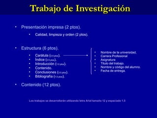 Trabajo de Investigación Presentación impresa (2 ptos). Calidad, limpieza y orden (2 ptos). Estructura (6 ptos). Contenido (12 ptos). Carátula ( 0.5 ptos ). Índice ( 0.5 ptos ). Introducción ( 1.0 ptos ). Contenido. Conclusiones ( 3.0 ptos ). Bibliografía ( 1.0 ptos ). Los trabajos se desarrollarán utilizando letra Arial tamaño 12 y espaciado 1.5  Nombre de la universidad,  Carrera Profesional Asignatura Titulo del trabajo. Nombre y código del alumno. Fecha de entrega. 