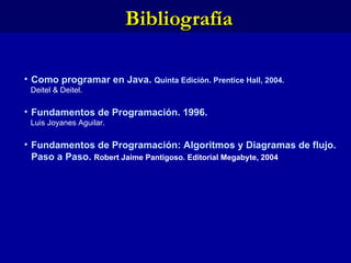 Bibliografía Como programar en Java.  Quinta Edición. Prentice Hall, 2004.  Deitel & Deitel. Fundamentos de Programación. 1996. Luis Joyanes Aguilar. Fundamentos de Programación: Algoritmos y Diagramas de flujo. Paso a Paso.  Robert Jaime Pantigoso. Editorial Megabyte, 2004 
