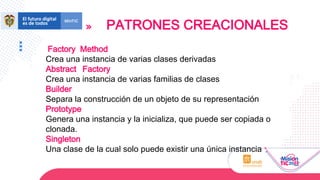 PATRONES CREACIONALES
Factory Method
Crea una instancia de varias clases derivadas
Abstract Factory
Crea una instancia de varias familias de clases
Builder
Separa la construcción de un objeto de su representación
Prototype
Genera una instancia y la inicializa, que puede ser copiada o
clonada.
Singleton
Una clase de la cual solo puede existir una única instancia
 