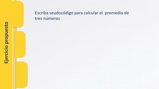 Ejercicio
propuesto
Escriba seudocódigo para calcular el promedio de
tres números
 