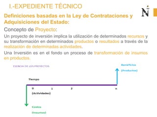 Definiciones basadas en la Ley de Contrataciones y
Adquisiciones del Estado:
Concepto de Proyecto:
Un proyecto de inversión implica la utilización de determinados recursos y
su transformación en determinados productos o resultados a través de la
realización de determinadas actividades.
Una Inversión es en el fondo un proceso de transformación de insumos
en productos.
I.-EXPEDIENTE TÉCNICO
 