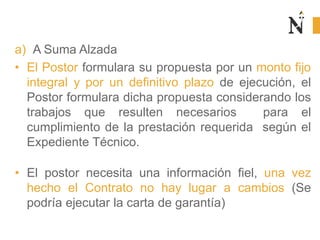 a) A Suma Alzada
• El Postor formulara su propuesta por un monto fijo
integral y por un definitivo plazo de ejecución, el
Postor formulara dicha propuesta considerando los
trabajos que resulten necesarios para el
cumplimiento de la prestación requerida según el
Expediente Técnico.
• El postor necesita una información fiel, una vez
hecho el Contrato no hay lugar a cambios (Se
podría ejecutar la carta de garantía)
 