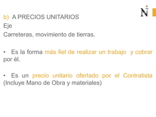 b) A PRECIOS UNITARIOS
Eje
Carreteras, movimiento de tierras.
• Es la forma más fiel de realizar un trabajo y cobrar
por él.
• Es un precio unitario ofertado por el Contratista
(Incluye Mano de Obra y materiales)
 