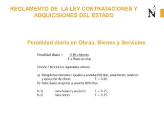 REGLAMENTO DE LA LEY CONTRATACIONES Y
ADQUICISIONES DEL ESTADO
Penalidad diaria en Obras, Bienes y Servicios
 