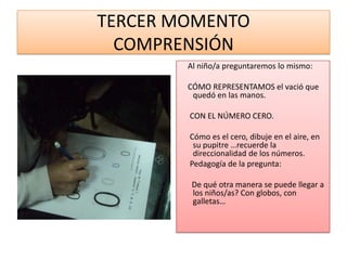 TERCER MOMENTO
  COMPRENSIÓN
        Al niño/a preguntaremos lo mismo:

        CÓMO REPRESENTAMOS el vació que
         quedó en las manos.

        CON EL NÚMERO CERO.

        Cómo es el cero, dibuje en el aire, en
         su pupitre …recuerde la
         direccionalidad de los números.
        Pedagogía de la pregunta:

         De qué otra manera se puede llegar a
         los niños/as? Con globos, con
         galletas…
 