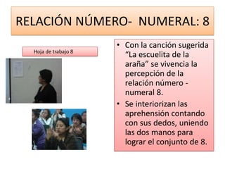 RELACIÓN NÚMERO- NUMERAL: 8
                      • Con la canción sugerida
  Hoja de trabajo 8
                        “La escuelita de la
                        araña” se vivencia la
                        percepción de la
                        relación número -
                        numeral 8.
                      • Se interiorizan las
                        aprehensión contando
                        con sus dedos, uniendo
                        las dos manos para
                        lograr el conjunto de 8.
 