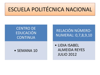 ESCUELA POLITÉCNICA NACIONAL

  CENTRO DE
                RELACIÓN NÚMERO-
  EDUCACIÓN
                NUMERAL: 0,7,8,9,10
   CONTINUA
                • LIDIA ISABEL
  • SEMANA 10     ALMEIDA REYES
                  JULIO 2012
 