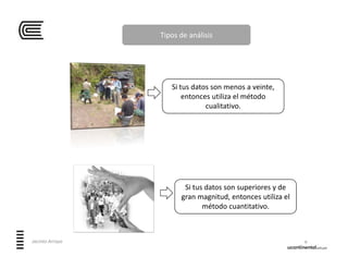 Tipos de análisis
Si tus datos son menos a veinte, 
entonces utiliza el método 
cualitativo.
Si tus datos son superiores y de 
gran magnitud, entonces utiliza el 
método cuantitativo.
8Jacinto Arroyo
 