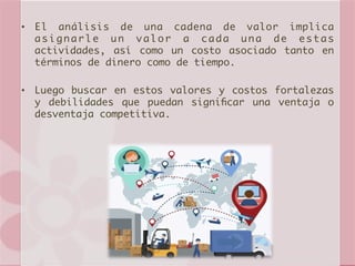•  El análisis de una cadena de valor implica
asignarle un valor a cada una de estas
actividades, así como un costo asociado tanto en
términos de dinero como de tiempo.
•  Luego buscar en estos valores y costos fortalezas
y debilidades que puedan signiﬁcar una ventaja o
desventaja competitiva.
 