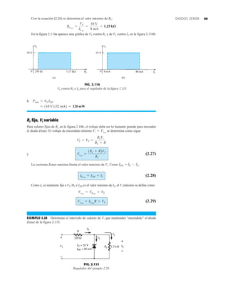 99
DIODOS ZENER
Con la ecuación (2.26) se determina el valor máximo de RL:
En la figura 2.114a aparece una gráfica de VL contra RL y de VL contra IL en la figura 2.114b.
RLmáx
=
VZ
ILmín
=
10 V
8 mA
= 1.25 kæ
FIG. 2.114
VL contra RL e IL para el regulador de la figura 2.113.
(a) (b)
b.
RL fija, Vi variable
Para valores fijos de RL en la figura 2.106, el voltaje debe ser lo bastante grande para encender
el diodo Zener. El voltaje de encendido mínimo se determina como sigue
y (2.27)
La corriente Zener máxima limita el valor máximo de Vi. Como
(2.28)
Como IL se mantiene fija a VZ RL e IZM es el valor máximo de IZ, el Vi máximo se define como
(2.29)
EJEMPLO 2.28 Determine el intervalo de valores de Vi que mantendrá “encendido” el diodo
Zener de la figura 2.115.
Vimáx
= IRmáx
R + VZ
Vimáx
= VRmáx
+ VZ
IRmáx
= IZM + IL
IR - IL,
IZM =
Vimín
=
1RL + R2VZ
RL
VL = VZ =
RLVi
RL + R
Vi = Vimín
= 110 V2132 mA2 = 320 mW
Pmáx = VZ IZM
FIG. 2.115
Regulador del ejemplo 2.28.
Vi


 