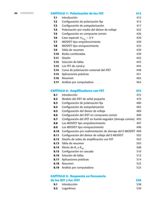 CAPÍTULO 7: Polarización de los FET 412
7.1 Introducción 412
7.2 Configuración de polarización fija 413
7.3 Configuración de autopolarización 417
7.4 Polarización por medio del divisor de voltaje 422
7.5 Configuración en compuerta común 426
7.6 Caso especial: VGSQ
 0 V 429
7.7 MOSFET tipo empobrecimiento 429
7.8 MOSFET tipo enriquecimiento 433
7.9 Tabla de resumen 439
7.10 Redes combinadas 439
7.11 Diseño 442
7.12 Solución de fallas 445
7.13 Los FET de canal p 445
7.14 Curva de polarización universal del JFET 448
7.15 Aplicaciones prácticas 451
7.16 Resumen 462
7.17 Análisis por computadora 463
CAPÍTULO 8: Amplificadores con FET 472
8.1 Introducción 472
8.2 Modelo del JFET de señal pequeña 473
8.3 Configuración de polarización fija 480
8.4 Configuración de autopolarización 483
8.5 Configuración del divisor de voltaje 489
8.6 Configuración del JFET en compuerta común 490
8.7 Configuración del JFET en fuente-seguidor (drenaje común) 493
8.8 Los MOSFET tipo empobrecimiento 497
8.9 Los MOSFET tipo enriquecimiento 498
8.10 Configuración por realimentación de drenaje del E-MOSFET 499
8.11 Configuración del divisor de voltaje del E-MOSFET 502
8.12 Diseño de redes de amplificación con FET 503
8.13 Tabla de resumen 505
8.14 Efecto de RL y Rsig 508
8.15 Configuración en cascada 510
8.16 Solución de fallas 513
8.17 Aplicaciones prácticas 514
8.18 Resumen 523
8.19 Análisis por computadora 523
CAPÍTULO 9: Respuesta en frecuencia
de los BJT y los JFET 538
9.1 Introducción 538
9.2 Logaritmos 539
CONTENIDO
xiv
 