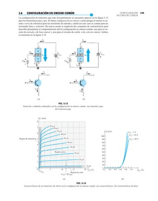 139
CONFIGURACIÓN
EN EMISOR COMÚN
3.6 CONFIGURACIÓN EN EMISOR COMÚN
●
La configuración de transistor que más frecuentemente se encuentra aparece en la figura 3.13
para los transistores pnp y npn. Se llama configuración en emisor común porque el emisor es co-
mún o sirve de referencia para las terminales de entrada y salida (en este caso es común para las
terminales base y colector). De nueva cuenta se requieren dos conjuntos de características para
describir plenamente el comportamiento del la configuración en emisor común: uno para el cir-
cuito de entrada o de base-emisor y uno para el circuito de salida o de colector-emisor. Ambos
se muestran en la figura 3.14.
FIG. 3.13
Notación y símbolos utilizados con la configuración en emisor común: (a) transistor npn;
(b) transistor pnp.
(a) (b)
FIG. 3.14
Características de un transistor de silicio en la configuración en emisor común: (a) características; (b) características de base.
C
I
CE
V
(mA)
0
1
2
3
4
5
6
7
5 10 15 20
CEO
I CBO
I
~
CEsat
V
Región de corte
B
I
BE
V
(µA)
0
10
20
30
40
50
60
70
80
90
100
0.2 0.4 0.6 0.8 1.0
CE
V = 1 V
CE
V = 20 V
(a)
Región de saturación
=
(V)
CE = 10 V
V
(V)
(b)
8
Región activa
90 µA
80 µA
70 µA
60 µA
50 µA
40 µA
30 µA
20 µA
10 µA
B
I = 0 µA
β
 
