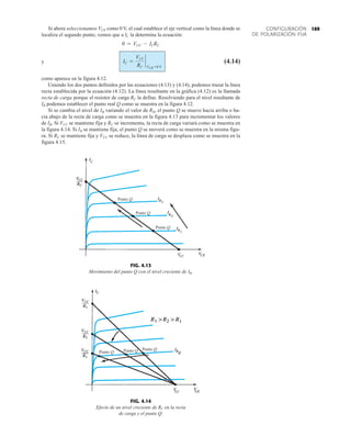 169
CONFIGURACIÓN
DE POLARIZACIÓN FIJA
FIG. 4.13
Movimiento del punto Q con el nivel creciente de IB.
Punto Q
Punto Q
Punto Q
FIG. 4.14
Efecto de un nivel creciente de RC en la recta
de carga y el punto Q.
Punto Q
Punto Q
Punto Q
Si ahora seleccionamos VCE como 0 V, el cual establece el eje vertical como la línea donde se
localiza el segundo punto, vemos que a IC la determina la ecuación:
y (4.14)
como aparece en la figura 4.12.
Uniendo los dos puntos definidos por las ecuaciones (4.13) y (4.14), podemos trazar la línea
recta establecida por la ecuación (4.12). La línea resultante en la gráfica (4.12) es la llamada
recta de carga porque el resistor de carga RC la define. Resolviendo para el nivel resultante de
IB podemos establecer el punto real Q como se muestra en la figura 4.12.
Si se cambia el nivel de IB variando el valor de RB, el punto Q se mueve hacia arriba o ha-
cia abajo de la recta de carga como se muestra en la figura 4.13 para incrementar los valores
de IB. Si VCC se mantiene fija y RC se incrementa, la recta de carga variará como se muestra en
la figura 4.14. Si IB se mantiene fija, el punto Q se moverá como se muestra en la misma figu-
ra. Si RC se mantiene fija y VCC se reduce, la línea de carga se desplaza como se muestra en la
figura 4.15.
IC =
VCC
RC
`
VCE =0 V
0 = VCC - ICRC
 