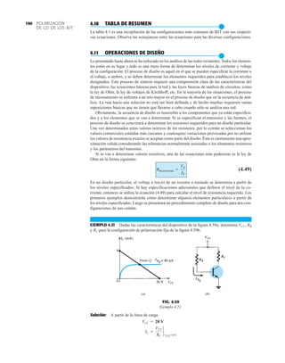 POLARIZACIÓN
DE CD DE LOS BJT
194 4.10 TABLA DE RESUMEN
●
La tabla 4.1 es una recopilación de las configuraciones más comunes de BJT con sus respecti-
vas ecuaciones. Observe las semejanzas entre las ecuaciones para las diversas configuraciones.
4.11 OPERACIONES DE DISEÑO
●
Lo presentado hasta ahora se ha enfocado en los análisis de las redes existentes. Todos los elemen-
tos están en su lugar y todo es una mera forma de determinar los niveles de corriente y voltaje
de la configuración. El proceso de diseño es aquel en el que se pueden especificar la corriente o
el voltaje, o ambos, y se deben determinar los elementos requeridos para establecer los niveles
designados. Este proceso de síntesis requiere una comprensión clara de las características del
dispositivo, las ecuaciones básicas para la red y las leyes básicas de análisis de circuitos, como
la ley de Ohm, la ley de voltajes de Kirchhoff, etc. En la mayoría de las situaciones, el proceso
de razonamiento se enfrenta a un reto mayor en el proceso de diseño que en la secuencia de aná-
lisis. La ruta hacia una solución no está tan bien definida y de hecho muchas requieren varias
suposiciones básicas que no tienen que llevarse a cabo cuando sólo se analiza una red.
Obviamente, la secuencia de diseño es insensible a los componentes que ya están especifica-
dos y a los elementos que se van a determinar. Si se especifican el transistor y las fuentes, el
proceso de diseño se concretará a determinar los resistores requeridos para un diseño particular.
Una vez determinados estos valores teóricos de los resistores, por lo común se seleccionan los
valores comerciales estándar más cercanos y cualesquier variaciones provocadas por no utilizar
los valores de resistencia exactos se aceptan como parte del diseño. Ésta es ciertamente una apro-
ximación válida considerando las tolerancias normalmente asociadas a los elementos resistivos
y los parámetros del transistor.
Si se van a determinar valores resistivos, una de las ecuaciones más poderosas es la ley de
Ohm en la forma siguiente:
(4.49)
En un diseño particular, el voltaje a través de un resistor a menudo se determina a partir de
los niveles especificados. Si hay especificaciones adicionales que definen el nivel de la co-
rriente, entonces se utiliza la ecuación (4.49) para calcular el nivel de resistencia requerido. Los
primeros ejemplos demostrarán cómo determinar algunos elementos particulares a partir de
los niveles especificados. Luego se presentará un procedimiento completo de diseño para dos con-
figuraciones de uso común.
EJEMPLO 4.21 Dadas las características del dispositivo de la figura 4.59a, determine VCC, RB
y RC para la configuración de polarización fija de la figura 4.59b.
Rdesconocida =
VR
IR
FIG. 4.59
Ejemplo 4.21.
(a) (b)
Punto Q RB
RC
VCC
Solución: A partir de la línea de carga
IC =
VCC
RC
`
VCE=0 V
VCC = 20 V
194
 
