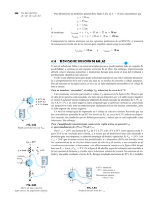 POLARIZACIÓN
DE CD DE LOS BJT
210 Para el transistor de propósito general de la figura 3.23c en IC  10 mA, encontramos que
y
de modo que
y
Comparando los valores anteriores con los siguientes parámetros de un BSV52L, el transistor
de conmutación revela una de las razones para elegirlos cuando surge la necesidad:
4.16 TÉCNICAS DE SOLUCIÓN DE FALLAS
●
El arte de solucionar fallas es un tema tan amplio que no se puede analizar todo un conjunto de
posibilidades y técnicas en sólo algunas secciones de un libro. Sin embargo, el profesionista
deberá conocer algunas maniobras y mediciones básicas para aislar el área del problema y
posiblemente identificar una solución.
Es obvio que el primer paso para poder solucionar una falla en una red es entender plenamen-
te el comportamiento de la red y tener una idea de los niveles de corriente y voltaje esperados.
Para el transistor en la región activa, el nivel de cd más importante mensurable es el voltaje de
base a emisor.
Para un transistor “encendido”, el voltaje VBE deberá ser de cerca de 0.7 V.
Las conexiones correctas para medir el voltaje VBE aparecen en la figura 4.82. Observe que
el cable (rojo) positivo está conectado a la base para un transistor npn y el cable (negro) negativo
al emisor. Cualquier lectura totalmente diferente del nivel esperado de alrededor de 0.7 V, co-
mo 0.4, o 12 V, o un valor negativo, haría sospechar que se deberían verificar las conexiones
del dispositivo o red. Para un transistor pnp se pueden utilizar las mismas conexiones, pero
se debe esperar una lectura negativa.
Un nivel de voltaje igual de importante es el voltaje de colector a emisor. Recuerde que por
las características generales de un BJT los niveles de VCE de cerca de 0.3 V indican un disposi-
tivo saturado; una condición que no debiera presentarse, a menos que se esté empleando como
interruptor. Sin embargo:
Para el amplificador transistorizado común en la región activa, en general VCE
es aproximadamente de 25% a 75% de VCC.
Para VCC  20 V, una lectura de VCE de 1 V a 2 V o de 18 V a 20 V como aparece en la fi-
gura 4.83 es un resultado poco común, y a menos que el dispositivo haya sido diseñado a
propósito para esta respuesta, se deberían investigar el diseño y operación. Si VCE  20 V (con
VCC  20 V) por lo menos existen dos posibilidades: o el dispositivo (BJT) está dañado y tiene
las características de un circuito abierto entre el colector y el emisor, o una conexión en el
circuito colector-emisor, o base-emisor, está abierta como se muestra en la figura 4.84, lo que
hace que IC  0 mA y En la figura 4.84, el cable negro del voltmetro está conectado a
la tierra común de la fuente y el cable rojo a la terminal inferior del resistor. Sin corriente de co-
lector y una caída resultante a través de RC dará por resultado una lectura de 20 V. Si el medidor
VRC
= 0 V.
tencendido = 12 ns y tapagado = 18 ns
tapagado = ts + tf = 120 ns + 12 ns = 132 ns
tencendido = tr + td = 13 ns + 25 ns = 38 ns
tf = 12 ns
tr = 13 ns
td = 25 ns
ts = 120 ns
FIG. 4.82
Verificación del nivel de VBE.
FIG. 4.84
Efecto de una conexión
defectuosa o un dispositivo dañado.
Conexión
abierta
FIG. 4.83
Verificación del nivel de VCE.
0.3 V = saturación
0 V = cortocircuito o
conexión defectuosa
Normalmente algunos
voltios o más
 