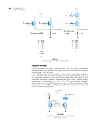 POLARIZACIÓN
DE CD DE LOS BJT
226
Icontrol
IB
Q1
Q2
VCC 10 V
IB1
IB2
IL = IC2
= Icontrol
VC1
VBE1
= VBE2
–
+
0.7 V
R
CARGA
FIG. 4.100
Espejo de corriente formado por BJT colocados
espalda con espalda.
Espejo de corriente
El espejo de corriente es una red de cd donde la corriente a través de la carga es la imagen refle-
jada de otra corriente de la misma red. Si se cambia la corriente de control de la red, también lo
hará la corriente a través de la carga.
Un espejo de corriente común construido con dos transistores npn espalda con espalda se
muestra en la figura 4.100. La corriente de carga es la corriente del colector de Q2 y la corrien-
te de control es la corriente del colector de Q1. Observe, en particular, que el colector de Q1 es-
tá conectado directamente a la base del mismo transistor, lo que establece el mismo potencial
en cada punto. El resultado es que para el transistor “encendido”.
El elemento de control es el resistor R. Si cambia su valor, cambia la corriente de control deter-
minada por (ignorando la reducción de provocada por IB
como se muestra en la figura 4.100).
IC1
IR = IC1
= 110 V - 0.7 V2R
VC1
= VB1
= VB2
= 0.7 V
FIG. 4.99
Compuertas lógicas de BJT: (a) OR; (b) AND.
Q1 Q2
C = A + B
VCC 5 V
RE 3.3 k
C
0
1
1
1
A B
0 0
0 1
1 0
1 1
1 = alto
0 = bajo
Compuerta OR
(a)
Q1
Q2
C = A • B
RE 3.3 k
C
0
0
0
1
A B
0 0
0 1
1 0
1 1
Compuerta
AND
(b)
VCC 5 V
A
B
A B R2
10 k
R1
10 k
R2
10 k
R1
10 k
 