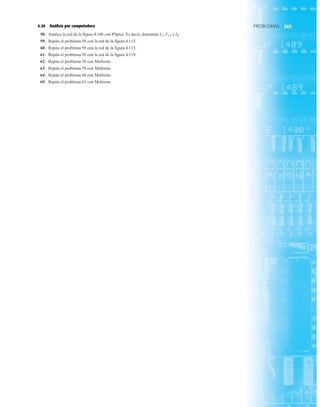 245
4.20 Análisis por computadora
58. Analice la red de la figura 4.108 con PSpice. Es decir, determine IC, VCE e IB.
59. Repita el problema 58 con la red de la figura 4.112.
60. Repita el problema 58 con la red de la figura 4.115.
61. Repita el problema 58 con la red de la figura 4.119.
62. Repita el problema 58 con Multisim.
63. Repita el problema 59 con Multisim.
64. Repita el problema 60 con Multisim.
65. Repita el problema 61 con Multisim.
PROBLEMAS
PROBLEMAS 245
 