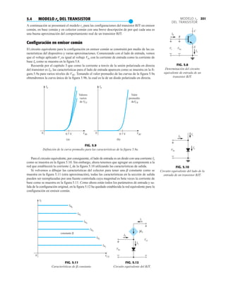 251
MODELO re
DEL TRANSISTOR
5.4 MODELO re DEL TRANSISTOR
●
A continuación se presentará el modelo re para las configuraciones del transistor BJT en emisor
común, en base común y en colector común con una breve descripción de por qué cada una es
una buena aproximación del comportamiento real de un transistor BJT.
Configuración en emisor común
El circuito equivalente para la configuración en emisor común se construirá por medio de las ca-
racterísticas del dispositivo y varias aproximaciones. Comenzando con el lado de entrada, vemos
que el voltaje aplicado Vi es igual al voltaje Vbe con la corriente de entrada como la corriente de
base Ib como se muestra en la figura 5.8.
Recuerde por el capítulo 3 que como la corriente a través de la unión polarizada en directa
del transistor es IE, las características para el lado de entrada aparecen como se muestra en la fi-
gura 5.9a para varios niveles de VBE. Tomando el valor promedio de las curvas de la figura 5.9a
obtendremos la curva única de la figura 5.9b, la cual es la de un diodo polarizado en directa.
FIG. 5.8
Determinación del circuito
equivalente de entrada de un
transistor BJT.
FIG. 5.9
Definición de la curva promedio para las características de la figura 5.9a.
FIG. 5.10
Circuito equivalente del lado de la
entrada de un transistor BJT.
FIG. 5.12
Circuito equivalente del BJT.
FIG. 5.11
Características de b constante.
Para el circuito equivalente, por consiguiente, el lado de entrada es un diodo con una corriente Ie
como se muestra en la figura 5.10. Sin embargo, ahora tenemos que agregar un componente a la
red que establecerá la corriente Ie de la figura 5.10 utilizando las características de salida.
Si volvemos a dibujar las características del colector para tener una b constante como se
muestra en la figura 5.11 (otra aproximación), todas las características en la sección de salida
pueden ser reemplazadas por una fuente controlada cuya magnitud es beta veces la corriente de
base como se muestra en la figura 5.11. Como ahora están todos los parámetros de entrada y sa-
lida de la configuración original, en la figura 5.12 ha quedado establecida la red equivalente para la
configuración en emisor común.
+
–
Vi
+
–
Vbe
B
C
E
Ie
Ib
0 0.7 V
(a) (b)
IE
VBE
Valores
varios
de VCE
Valor
promedio
deVCB
0 0.7 V
IE
VBE
Vbe
+
–
Ib
Ie
Ic
IB1
VCE
0
IB2
IB3
IB4
IB5
IB6
constante β
IC
Vbe
Vce
+
+
– –
Ib
Ic
Ib
Ie
β
 