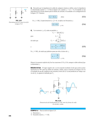 256
Zo Recuerde que la impedancia de salida de cualquier sistema se define como la impedancia
Zo determinada cuando Vi  0. Para la figura 5.22, cuando Vi  0, Ii  0, el resultado es una
equivalencia de circuito abierto para la fuente de corriente. El resultado es la configuración de
la figura 5.23. Tenemos
ohms (5.3)
Si ro  10RC, la aproximación RC r0 G  RC se aplica con frecuencia, y
(5.4)
Av Los resistores ro y RC están en paralelo, y
pero
de modo que
y (5.5)
Si ro  10RC, de modo que podemos pasar por alto el efecto de ro,
(5.6)
Observe la ausencia explícita de b en las ecuaciones (5.5) y (5.6), aunque se debe utilizar b pa-
ra determinar re.
Relación de fase El signo negativo de Av en la ecuación resultante revela que ocurre un des-
fasamiento de 180° entre las señales de entrada y salida, como se muestra en la figura 5.24. Es
el resultado de que bIb establezca una corriente a través de RC la cual producirá un voltaje a tra-
vés de RC, lo opuesto al definido por Vo.
roÚ10RC
Av = -
RC
re
Av =
Vo
Vi
= -
1RC 7ro2
re
Vo = - ba
Vi
bre
b1RC 7ro2
Ib =
Vi
bre
Vo = -bIb1RC 7ro2
roÚ10RC
Zo  RC
Zo = RC 7 ro
Vi
RC
VCC
RB
Vi
Vo
Vo
t
t
0
0
Vi
Vi
Vo
Vo
FIG. 5.24
Demostración del desfasamiento de 180° entre las formas de onda
de entrada y salida.
Zo
RC
ro
Zo
FIG. 5.23
Determinación de Zo para la red de
la figura 5.22
EJEMPLO 5.1 Para la red de la figura 5.25.
a. Determine re.
b. Encuentre Zi(con ro   ).
 