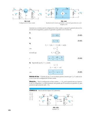 Ie I
 i
Zo
Zi
1 kΩ
2 V
Vo
+
–
10 F
μ 10 F
μ
= 0.98
α 5 kΩ
8 V
Io
Vi
Ii
+
–
ro = 1 MΩ
+
–
+
–
+
–
+
–
FIG. 5.45
Ejemplo 5.8.
272
transistor no se incluye para la configuración en base común, ya que por lo general está en el in-
tervalo de los megaohms y puede ser ignorada en paralelo con el resistor RC.
Zi
(5.42)
Zo
(5.43)
Av
con
de modo que
y (5.44)
Ai Suponiendo que RE 
 re resulta
y
con (5.45)
Relación de fase El hecho de que Av sea un número positivo muestra que Vo y Vi están en fa-
se en el caso de la configuración en base común.
Efecto de ro Para la configuración en base común ro  1hob por lo general está en el interva-
lo del los megaohms y es suficientemente más grande que la resistencia en paralelo RC para
permitir la aproximación roGRC  RC.
EJEMPLO 5.8 Para la red de la figura 5.45, determine:
a. re.
b. Zi.
c. Zo.
d. Av.
e. Ai.
Ai =
Io
Ii
= -a  -1
Io = -aIe = -aIi
Ie = Ii
Av =
Vo
Vi
=
aRC
re

RC
re
Vo = aa
Vi
re
bRC
Ie =
Vi
re
Vo = -Io RC = -1-Ic2RC = aIeRC
Zo = RC
Zi = RE 7re
E
Vi
RC
RE
VCC
C
Io
Zi Zo
–
+
Vo
–
+
Ii Ie Ic
B
EE
V
+
– +
–
+
–
+
–
FIG. 5.43
Configuración en base común.
Zo
Vo
–
+
RC
Io
Vi
–
+
RE
e c
Zi
Ii
Ie
re
α
Ie
Ic
+
–
+
–
FIG. 5.44
Sustitución del circuito equivalente re en la red equivalente de ca de
la figura 5.45.
 