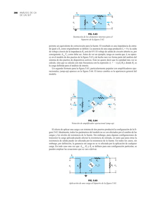 ANÁLISIS DE CA
DE UN BJT
290
permite un equivalente de cortocircuito para la fuente. El resultado es una impedancia de entra-
da igual a Ro como originalmente se definió. La ausencia de una carga producirá Io  0 y la caída
de voltaje a través de la impedancia Ro será de 0 V. El voltaje de salida de circuito abierto es, por
consiguiente como debe ser. Antes de ver un ejemplo, tenga en cuenta que Ai no apare-
ce en el modelo de dos puertos de la figura 5.63 y de hecho rara vez forma parte del análisis del
sistema de dos puertos de dispositivos activos. Esto no quiere decir que la cantidad rara vez se
calcule, sino que se calcula con más frecuencia con la expresión Ai  Av(ZiRL), donde RL es
la carga definida para el análisis de interés.
Un segundo formato para la figura 5.63, particularmente popular con amplificadores ope-
racionales, (amp-op) aparece en la figura 5.64. El único cambio es la apariencia general del
modelo.
AvNL
Vi,
+
–
+
–
Vi
Ii Io
Vo
Zo
FIG. 5.63
Sustitución de los elementos internos para el
bipuerto de la figura 5.62.
Ii
Vi
Zi
Io
Vo
Zo
+
–
+
–
FIG. 5.64
Notación de amplificador operacional (amp-op)
AvNL
Vi
Ii
Vi
Io
Vo
+
–
+
–
FIG. 5.65
Aplicación de una carga al bipuerto de la figura 5.63.
El efecto de aplicar una carga a un sistema de dos puertos producirá la configuración de la fi-
gura 5.65. Idealmente, todos los parámetros del modelo no se ven afectados por el cambio de las
cargas y los niveles de resistencia de la fuente. Sin embargo, para algunas configuraciones de
transistor la carga aplicada puede afectar la resistencia de entrada, en tanto que para otras la
resistencia de salida puede ser afectada por la resistencia de la fuente. En todos los casos, sin
embargo, por definición, la ganancia sin carga no se ve afectada por la aplicación de cualquier
carga. En todo caso una vez que Ri y Rs se definen para una configuración particular, se
pueden emplear las ecuaciones que se van a derivar.
AvNL
,
 