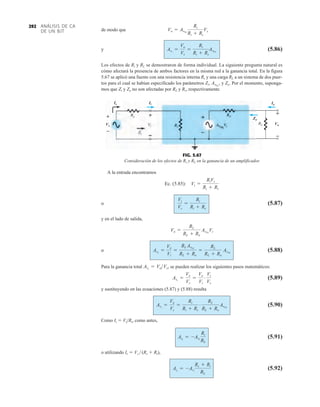 ANÁLISIS DE CA
DE UN BJT
292
de modo que
y (5.86)
Los efectos de Ri y RL se demostraron de forma individual. La siguiente pregunta natural es
cómo afectará la presencia de ambos factores en la misma red a la ganancia total. En la figura
5.67 se aplicó una fuente con una resistencia interna Rs y una carga RL a un sistema de dos puer-
tos para el cual se habían especificado los parámetros Zi, y Zo. Por el momento, suponga-
mos que Zi y Zo no son afectadas por RL y Rs, respectivamente.
AvNL
,
Avs
=
Vo
Vs
=
Ri
Ri + Rs
AvNL
Vo = AvNL
Ri
Ri + Rs
Vs
Is
+
Vs
–
Ii
RL Vo
+
–
Zo
Io
+
–
+
–
Is
Vs
Io
Vo
Zo
Ii
FIG. 5.67
Consideración de los efectos de Rs y RL en la ganancia de un amplificador.
A la entrada encontramos
Ec. (5.85):
o (5.87)
y en el lado de salida,
o (5.88)
Para la ganancia total se pueden realizar los siguientes pasos matemáticos:
(5.89)
y sustituyendo en las ecuaciones (5.87) y (5.88) resulta
(5.90)
Como Ii  ViRi, como antes,
(5.91)
o utilizando Is  Vs  (Rs  Ri),
(5.92)
Ais
= -Avs
Rs + Ri
RL
AiL
= -AvL
Ri
RL
Avs
=
Vo
Vs
=
Ri
Ri + Rs
# RL
RL + Ro
AvNL
Avs
=
Vo
Vs
=
Vo
Vi
#
Vi
Vs
Avs
= VoVs,
AvL
=
Vo
Vi
=
RL AvNL
RL + Ro
=
RL
RL + Ro
AvNL
Vo =
RL
RL + Ro
AvNL
Vi
Vi
Vs
=
Ri
Ri + Rs
Vi =
RiVs
Ri + Rs
 